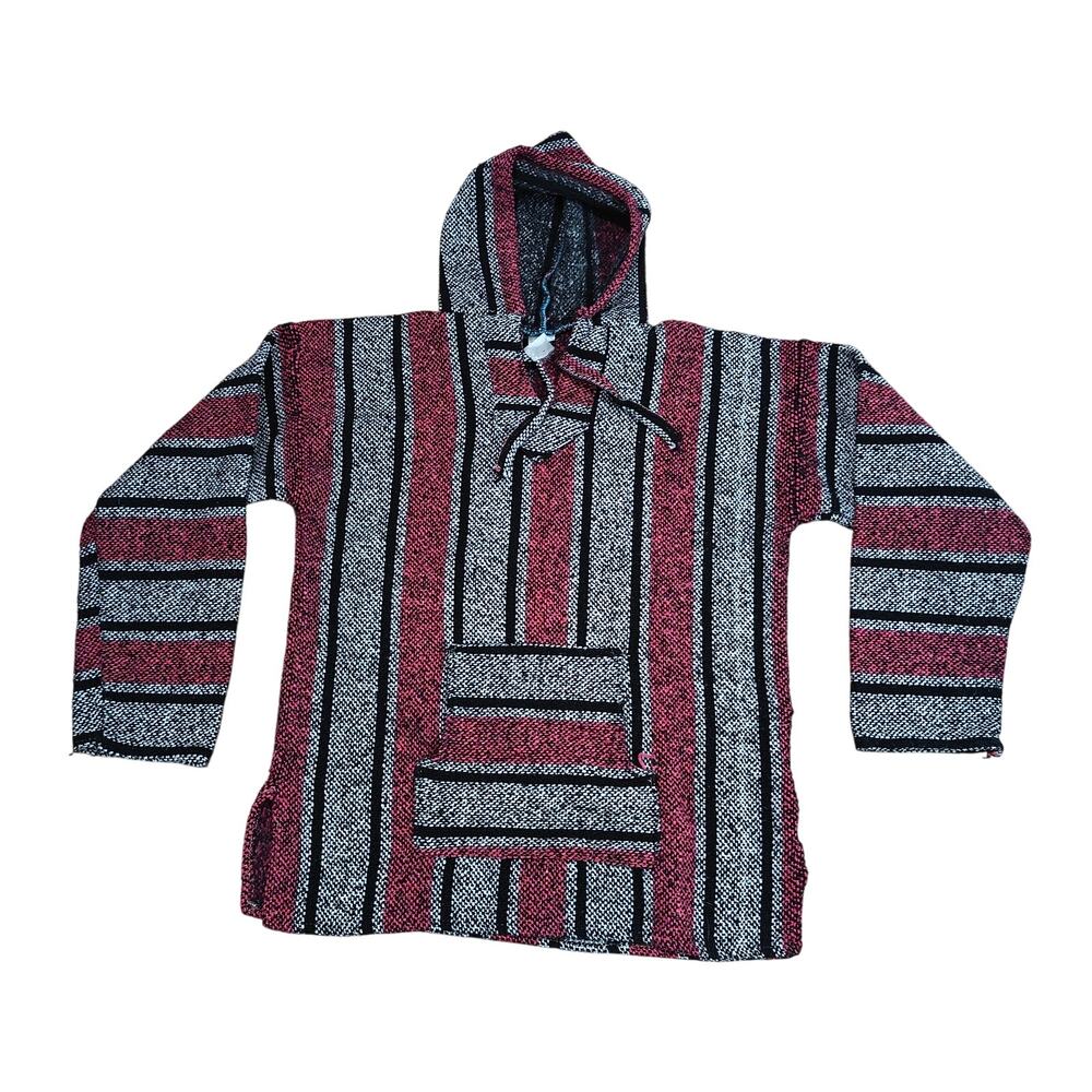Vtg Vel-Mex Mens Striped Pullover Drug Rug Hippie Surfer Y2K Knit Hoodie Large